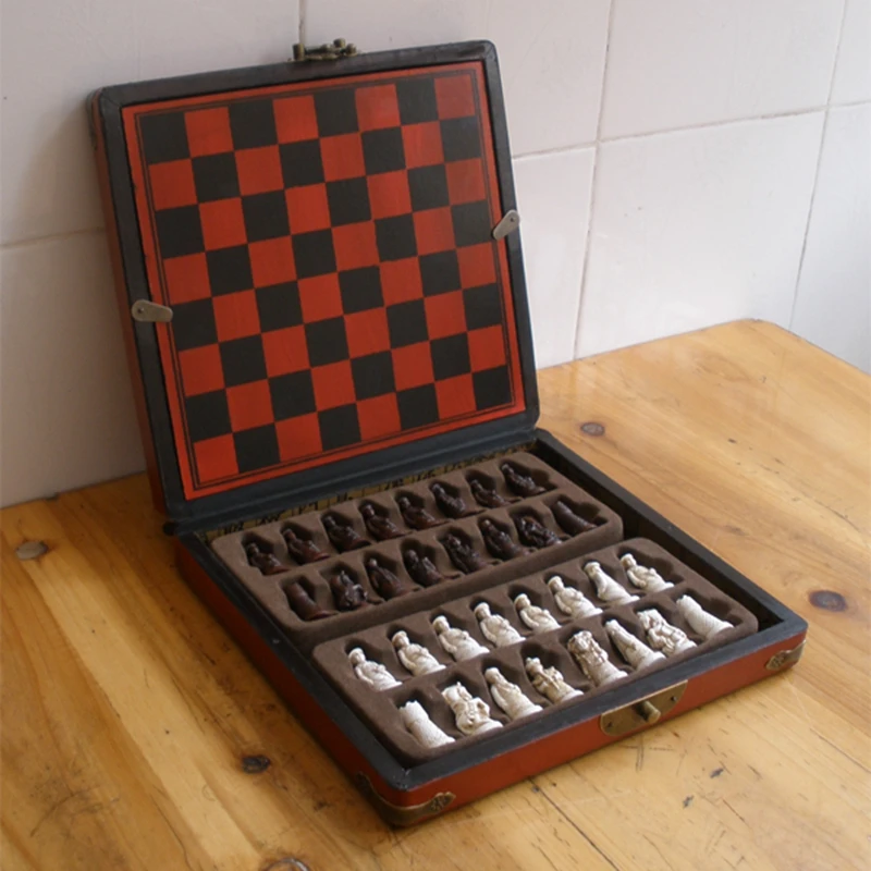New Antique Chess Set Wooden Coffee Color Table Antique Miniature Chess Board Checker Move Box Set Retro Style Lifelike