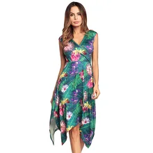 

SanHuaZ 2018 Spring Summer Women Party Dresses Floral Printed V-neck Sleeveless Slim A-line Ruffles Women's Dress