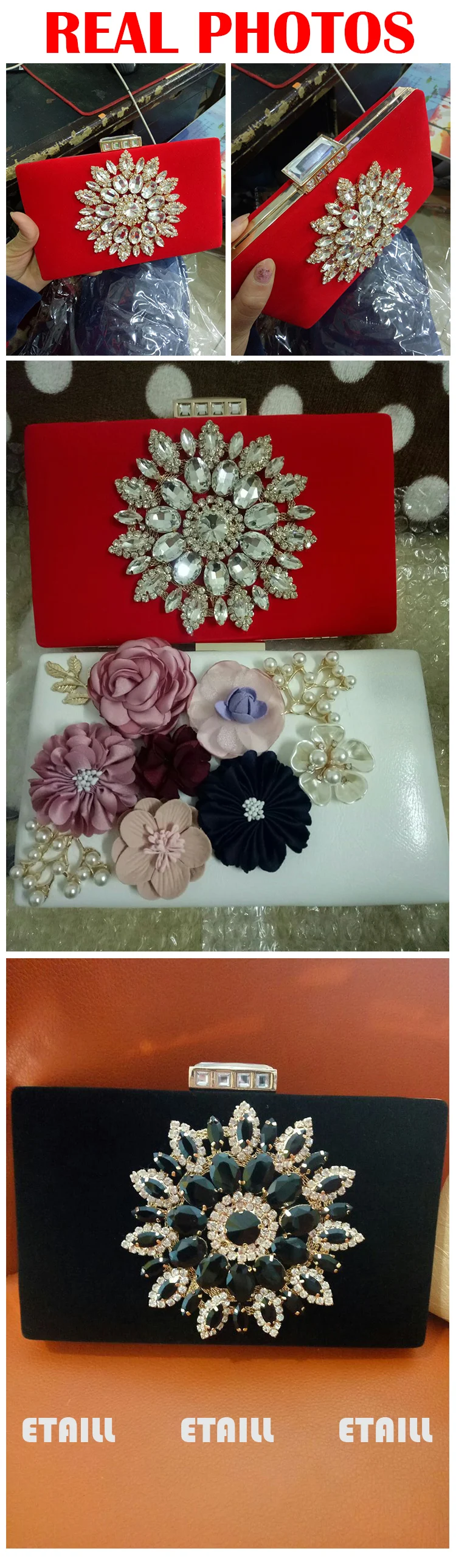Beautiful Diamond Flowers Evening Bag Red Black Velour Clutch Purse