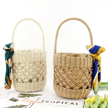 

New Barrel-shaaped woven handbags pattern Hollow out beach bag Mori bucket silk scarf portable straw bag