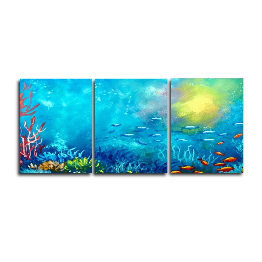 

Laeacco Watercolor 3 Panel Underwater World Wall Artwork Sea Fish Posters and Prints Canvas Painting Home Living Room Decor