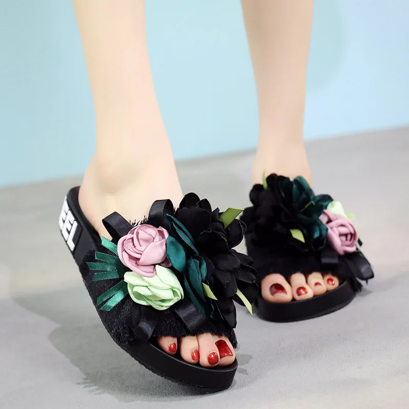Suihyung/шлепанцы в богемном стиле; женская летняя пляжная обувь; повседневные Вьетнамки с цветными цветами; женские шлепанцы с кисточками; сандалии на плоской платформе - Цвет: Черный