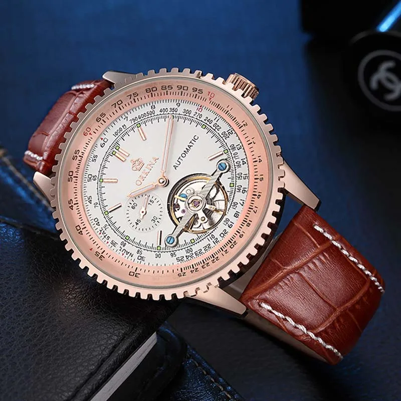 

Top Luxury Brand ORKINA Watches Men Rose Gold Case Rotating Bezel Tourbillion Skeleton Automatic Mechanical Watch Big Men Watch