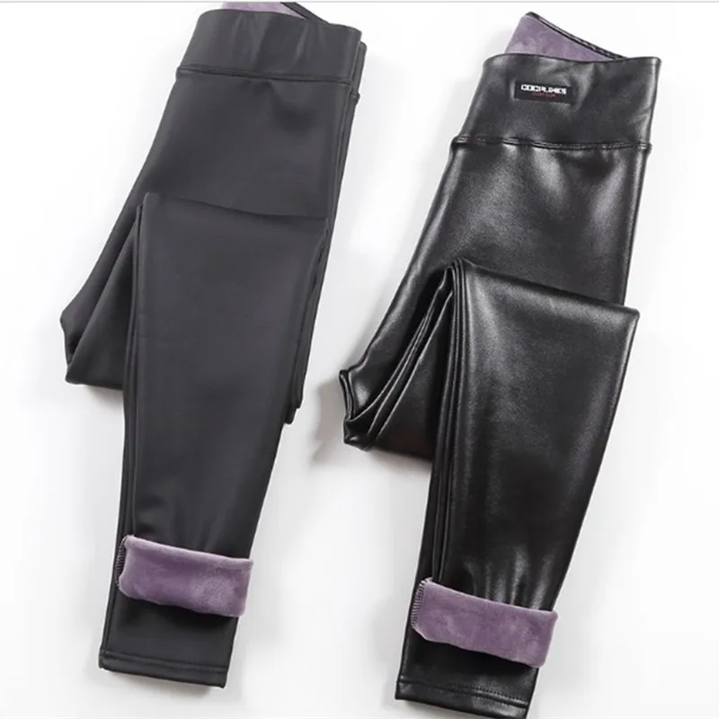 Черные женские кожаные леггинсы больших размеров, брюки с высокой талией, женские теплые плотные бархатные тонкие леггинсы, тянущиеся штаны из искусственной кожи для женщин