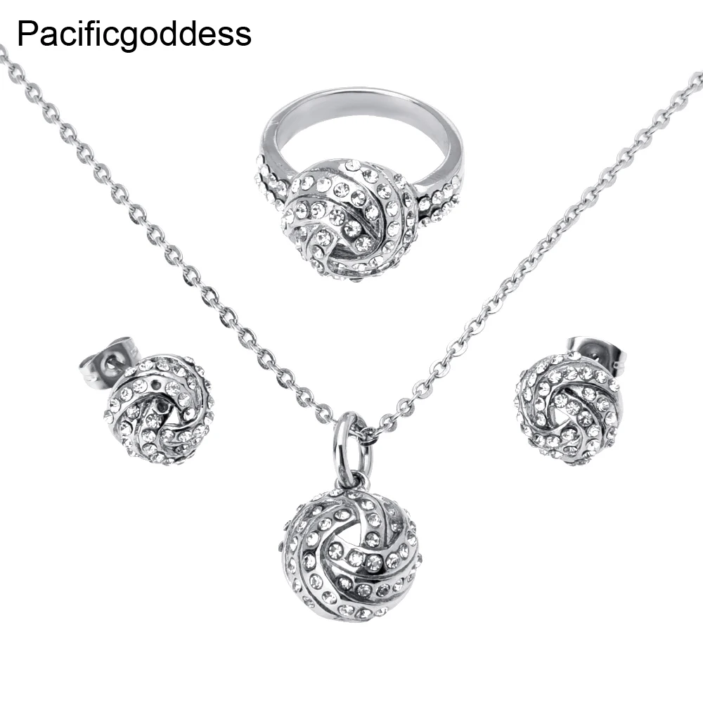 Pacificgoddess Fashion Ball Shape Stainless Steel Jewelry Set With fine Zircon Charm Women font b Rings