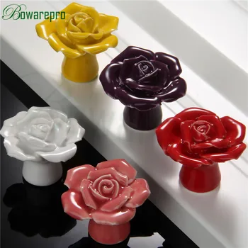 

High Quality Rose Flower Ceramic Door Knob Cabinet Kitchen Cabinet Pull Drawer Handle Vintage Button Ceramic Cupboard Handle 8/p