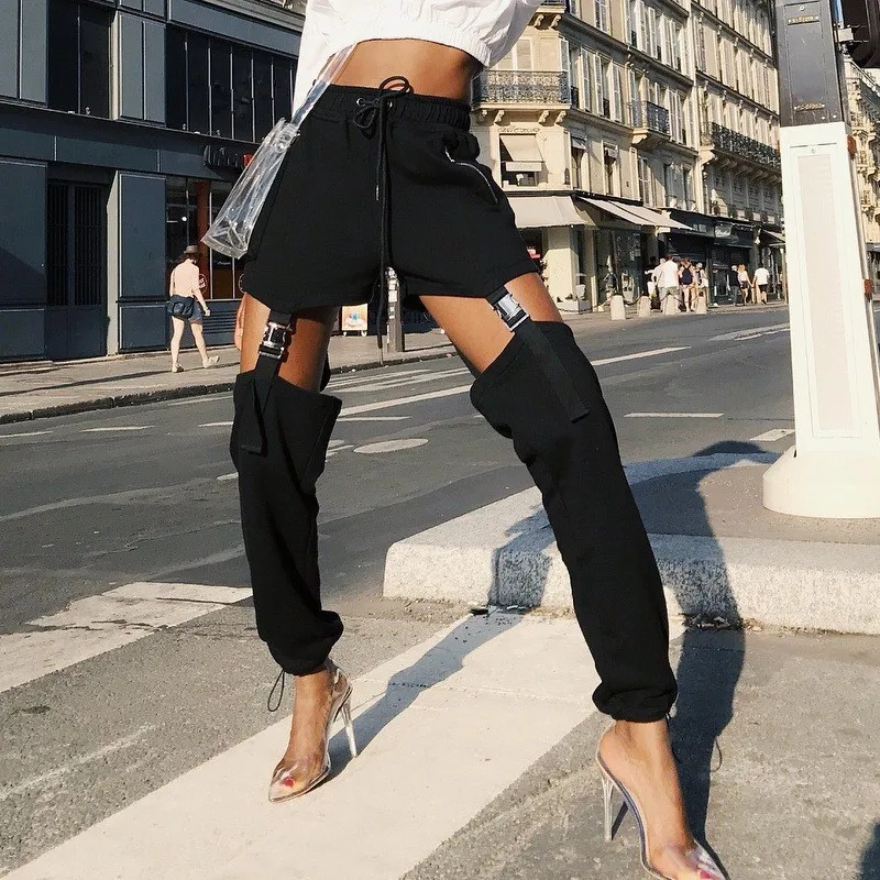 

2018 Autumn Women Sexy High Waist Hollow Out Pants Fashion Zippers Patchowrk Pants Casual Style Black/Khaki Trousers