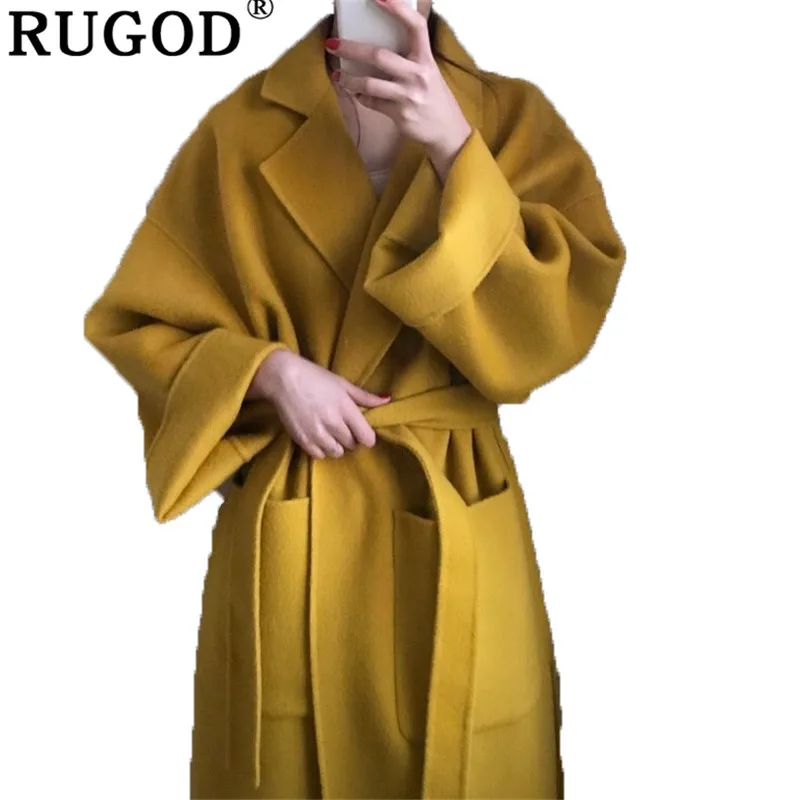 Женское пальто с отложным воротником RUGOD однотонное длинное длинным рукавом для