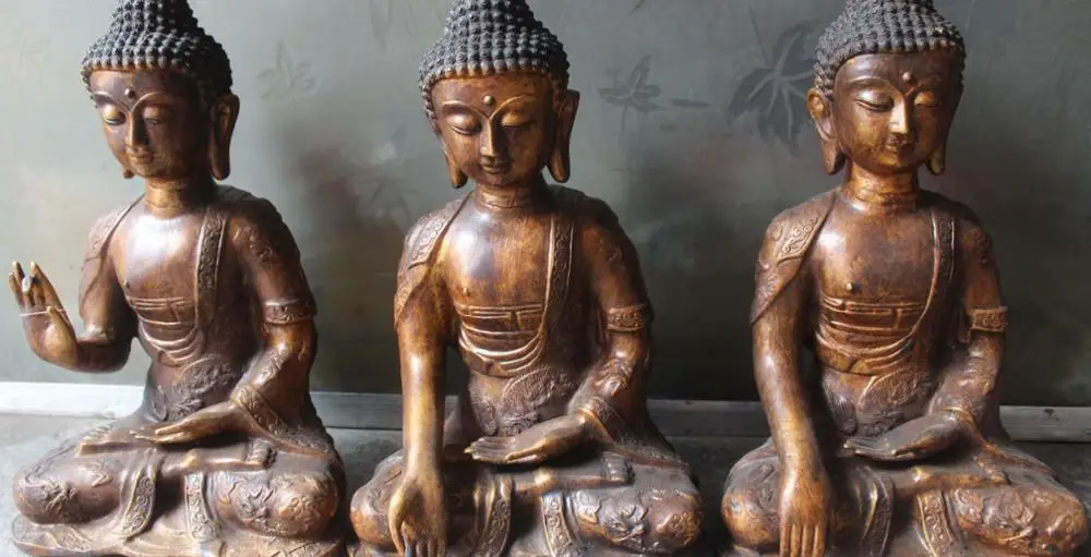 

16|"Bronze Gilt Dragon Loong Sakyamuni Amitabha Shakyamuni Buddha Statue Set