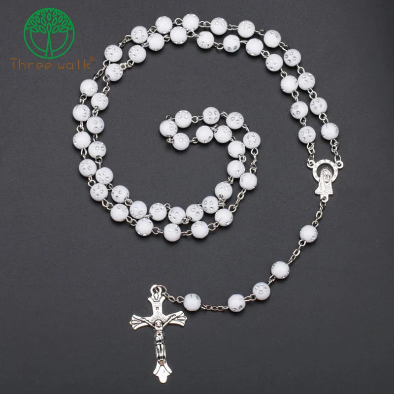 White Rosary Beads Religious Catholic Rosary Necklace Five Decade