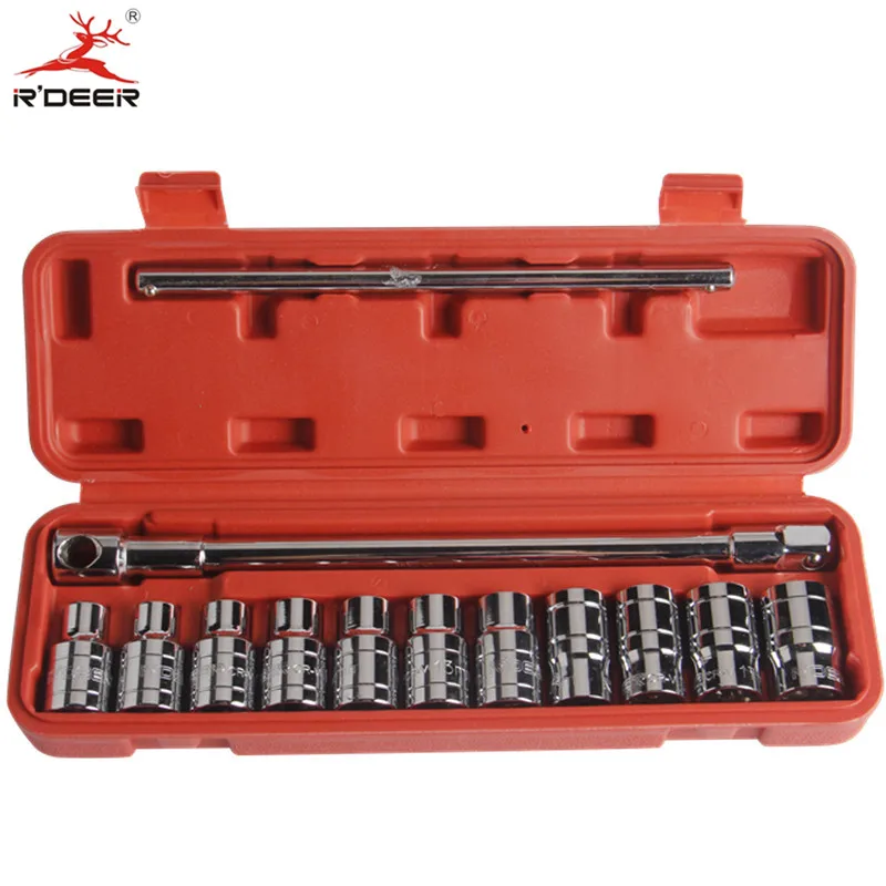 RDEER 13pcs Socket Wrench Set 1/2" Auto Socket Adapter T Shaped Chrome