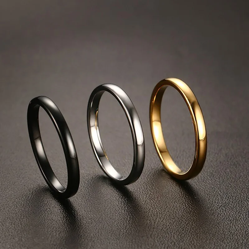 Маленькие простые милые женские кольца черного, серебряного, золотого цвета, трендовые 2 мм обручальные кольца из карбида вольфрама для женщин, ювелирные изделия, подарки