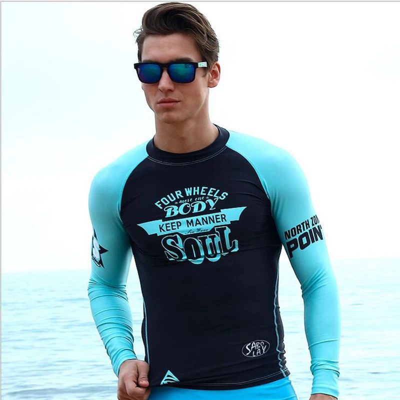 

SABOLAY Men Rashguard lycra Tight Beach Shirt Long Sleeve Quick dry Swimsuit Surf Sunscreen UV Protection Rash Guard Diving Suit