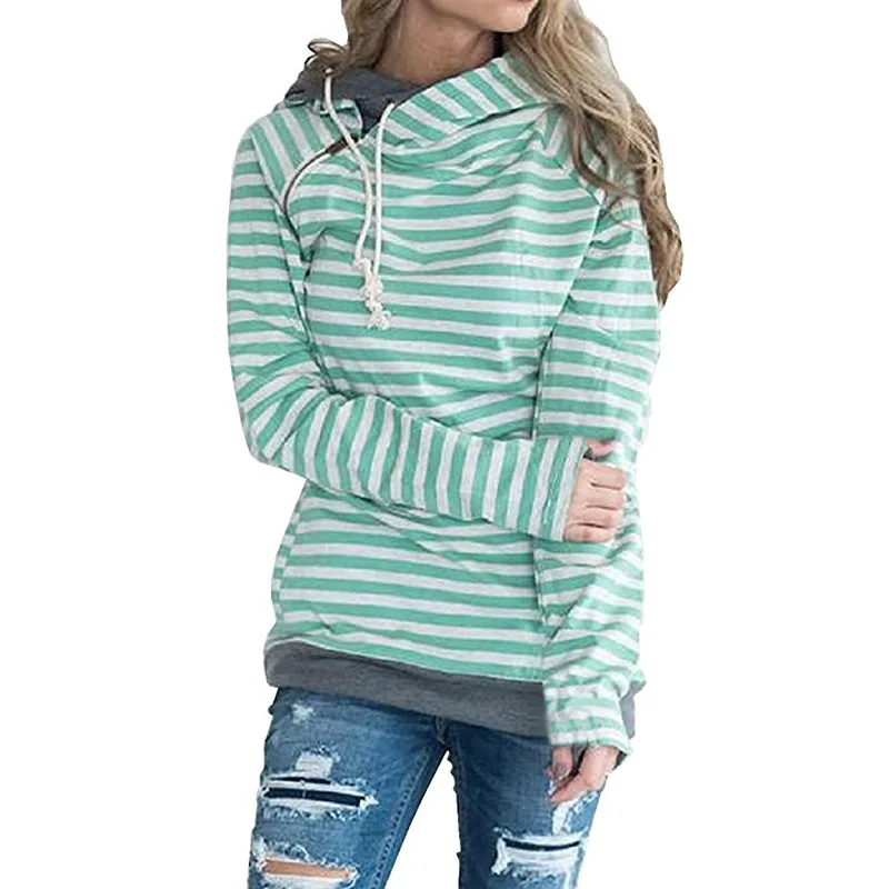 Vintage Striped Hoody Sweatshirts Women Long Sleeve Diagonal Zipper