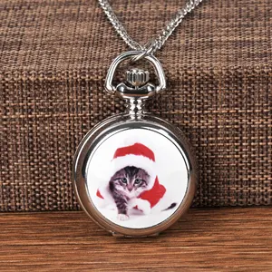 Маленькие карманные часы, серебристые, керамические, с изображением кошки, карманные часы с ожерельем