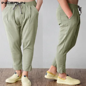 

INCERUN 2020 Feet Tapered Pants Summer Beach Pants Solid Color Pockets Male Nine Pants Elastic Band Pine Seaside Retro Trousers