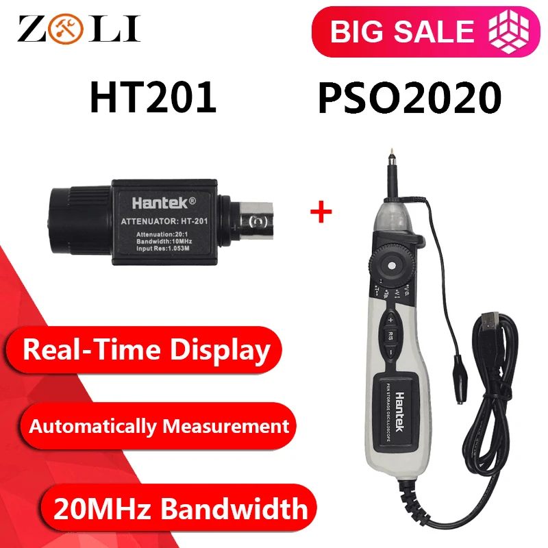 

Hantek PSO2020 Pen Type PC USB Digital Oscilloscope Portable Storage Oscilloscope 96MSa/s 20MHz Bandwidth with HT201 Accessories