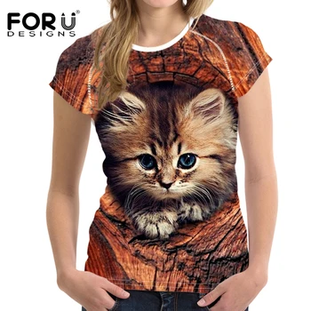 

FORUDESIGNS Summer Women New Fashion 3D Cute Cat in The Tree Hole Printed KawaiiT Shirt Women Top T-shirt Hipster Girls T Shirt