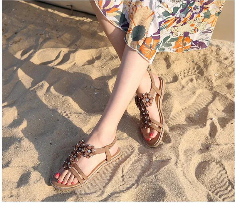 TIMETANGClassic/женские летние сандалии; сандалии на плоской подошве для отдыха; Вьетнамки со стразами и цветами; пляжная обувь; женская обувь; 485