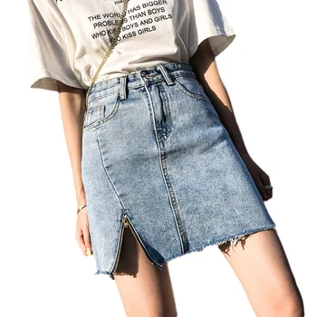 

Women Denim Skirt 2019 Spring New Fashion Short Denim Skirt Autumn High Waist Simple A Skirt irregular Temperament Skirt JIA269