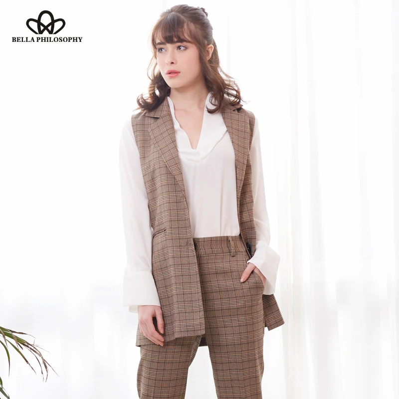 

Bella Philosophy 2019 Autumn Plaid Blazer Vest Women Casual Sleeveless Pockets OL Coat Waistcoat Female Single Breasted Outwears