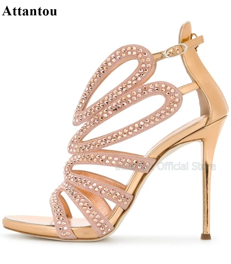 

Crystal Embellished Thin High Heel Sandal Woman Summer Open Toe Cutouts Heeled Party Shoes Gold Leather Sandal Shoes