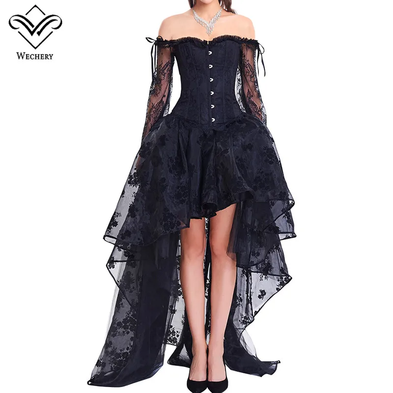 

Wechery Women Steampunk Corset Sets Sexy Long Sleeve Lace Corselet Ddress For Party Wedding Out of shoulder Bustiers Korset Suit