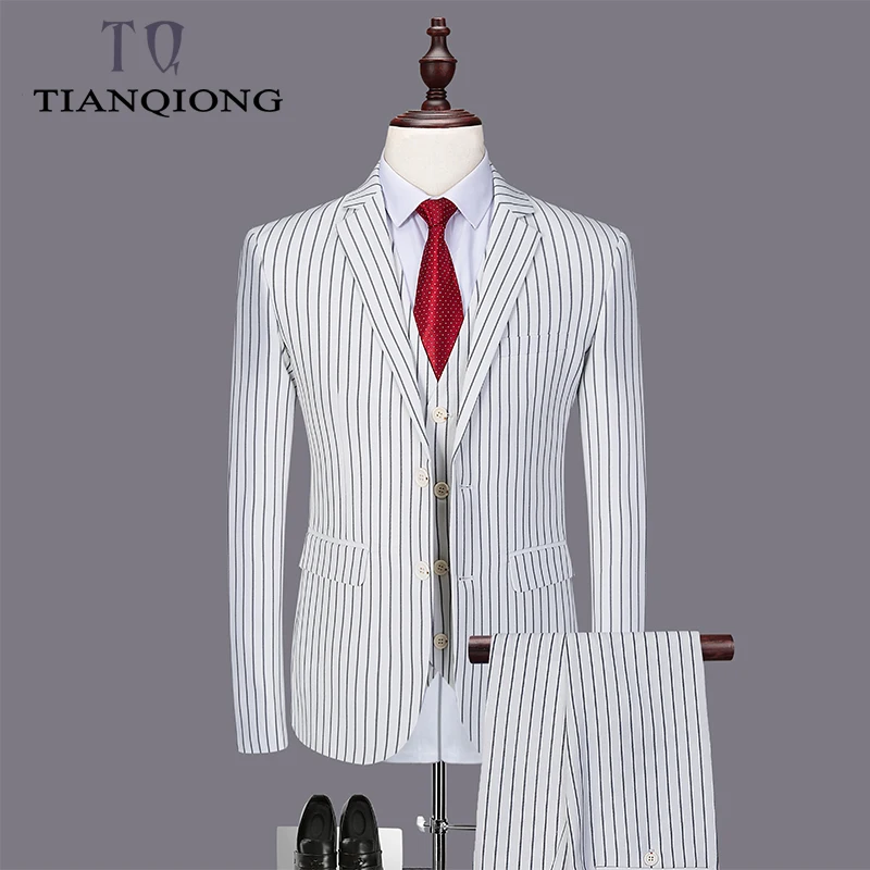 

TIAN QIONG White Stripes Wedding Suits 3 Pieces Men Suit Slim Fit Grooms Wedding Business Suits with Pants (jacket+pants+vest)