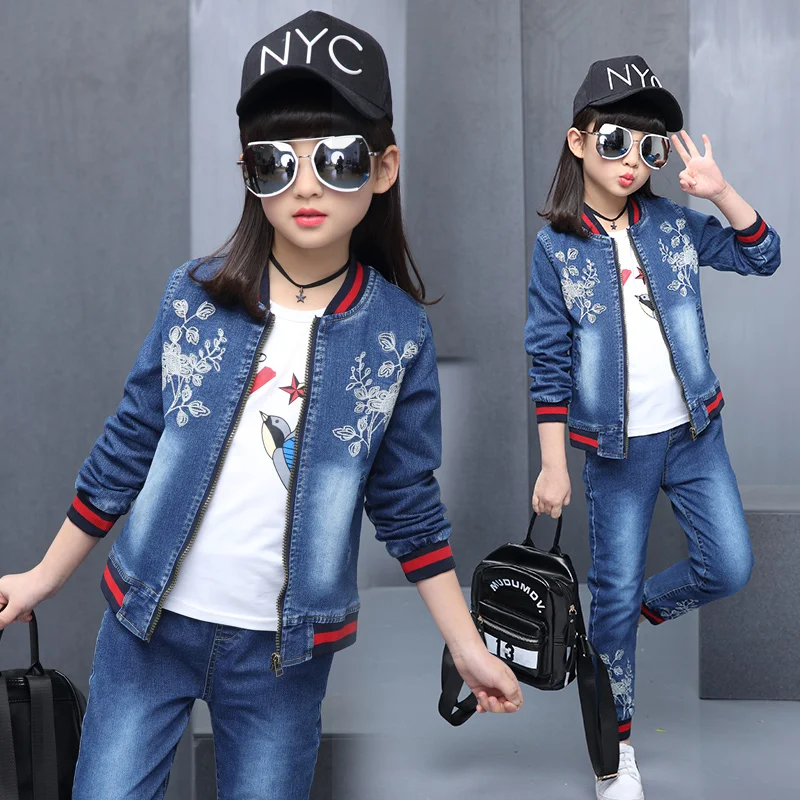 Conjunto de Roupas de Bebê Conjuntos de Roupas Jeans + Calça Crianças Primavera Meninas Outono Bordadas O-pescoço Jaqueta Jean 2 Pcs Conjunto Terno Fyh