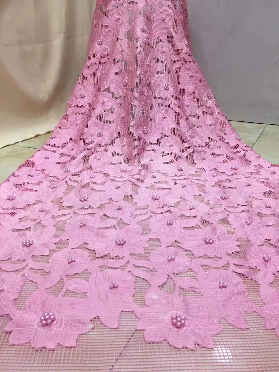 

High quality lace fabric, fine Nigerian beaded lace fabric, rope embroidery sewing materials