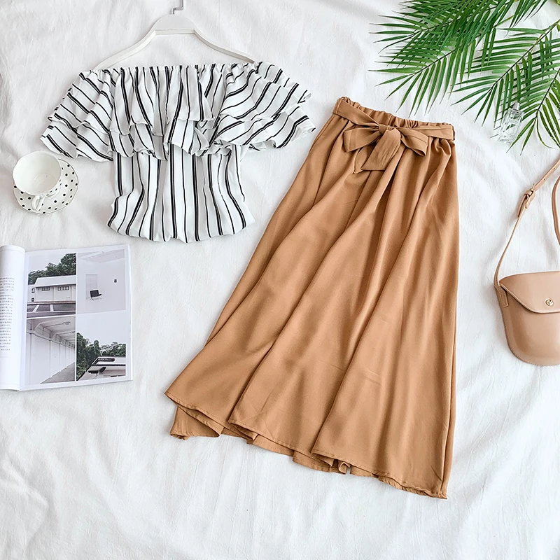 

2019 new fashion women's two piece Set fashion striped blouse+ skirt