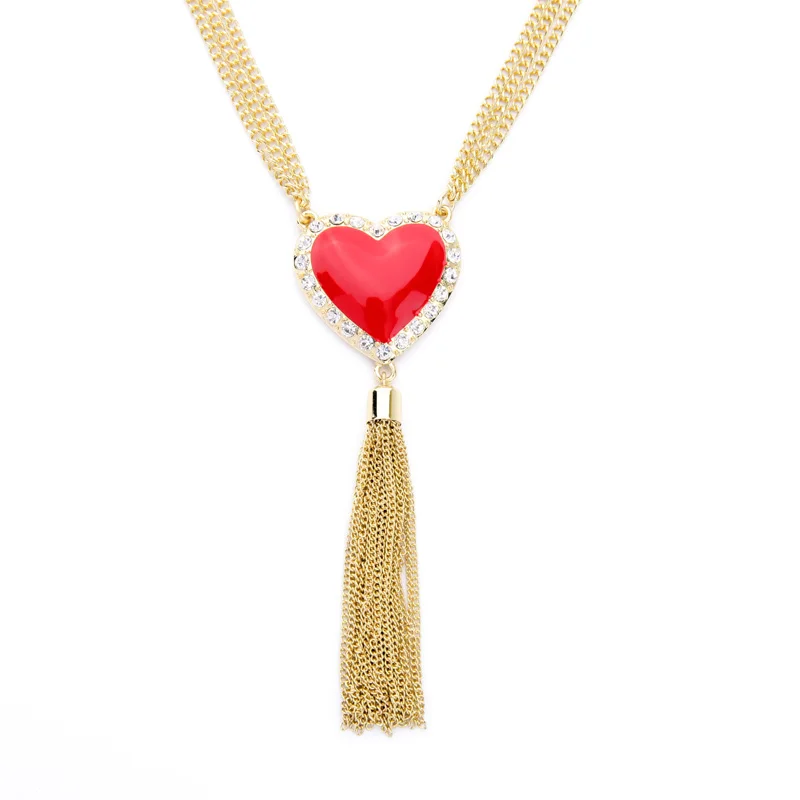 Boho Chic Long Alloy Tassel Red Resin Heart Pendant Necklace Wholesale