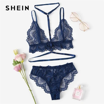 SHEIN Sexy Navy Trim Lace Unlined lingerie Set Hot Women V Neck Sleeveless Wireless Bralettes and Briefs Intimate Lingerie Sets 1