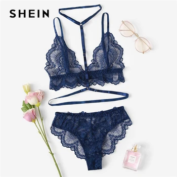 

SHEIN Sexy Navy Trim Lace Unlined lingerie Set Hot Women V Neck Sleeveless Wireless Bralettes and Briefs Intimate Lingerie Sets