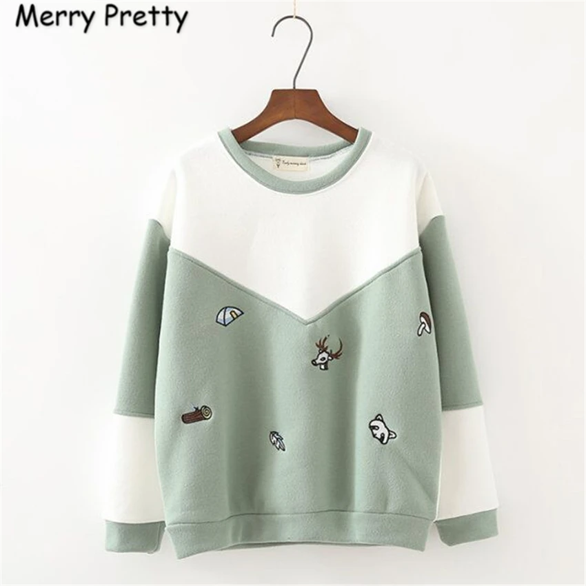 

Merry Pretty Women Hoodies Sweatshirts Autumn Winter Charactor Embroidery Solid Color Long Sleeve Loose Tracksuit Pocket WY12