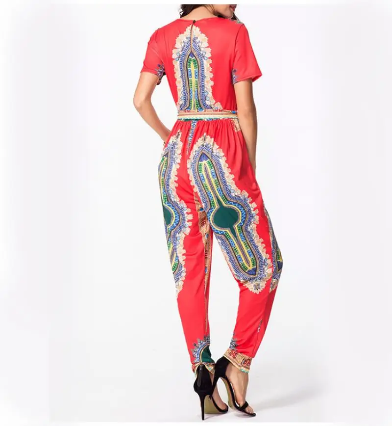 Waistbanded Slim Fitted Bodysuit 2018 autumn women's digital printing jumpsuit waist straps jumpsuit long Bohe onesies Fashion