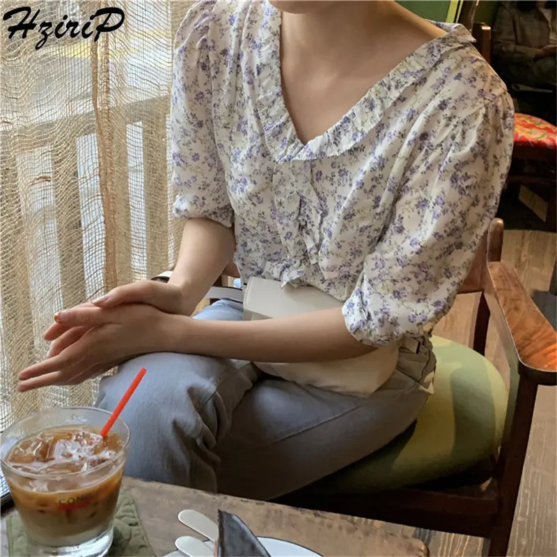 

Hzirip Hot Sale Summer Fresh Clean All-Match Ruffles Simple Print Floral High Quality Casual Half Sleeves Fashion Loose Shirts