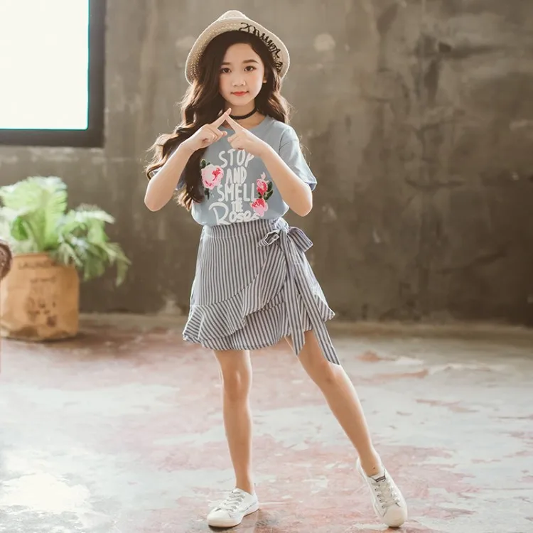 2019 Summer Children Clothing Set For Teenage Girls Fashion Letter Flower Tshirt Ruffles Skirt 2Pcs Kids Clothes Suit 10 12 Year (16)