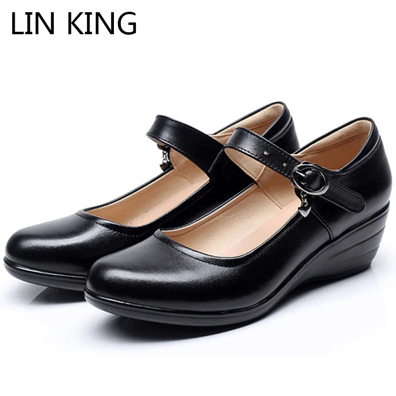 LIN KING/повседневные женские туфли-лодочки из натуральной кожи; Туфли на танкетке с пряжкой на высоком каблуке; сезон весна-осень; обувь на платформе; удобные женские мокасины