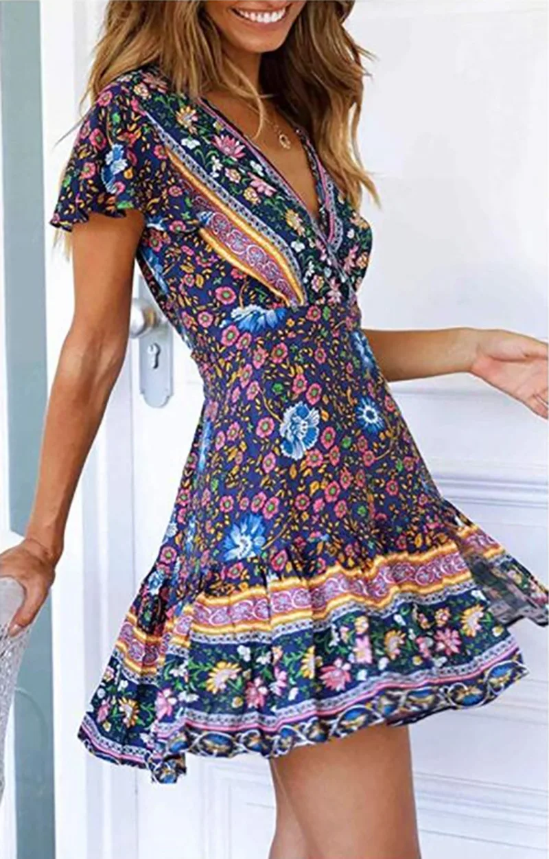 Летнее платье в стиле бохо, женское винтажное богемное платье с цветочным принтом, Сексуальное мини пляжное платье размера плюс, повседневное женское платье с v-образным вырезом