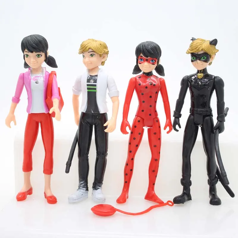 

with light 4pcs/lot Ladybug Comic Lady bug Doll Action Figure Toys Cute Anime Adrien Marinette Plagg Tikki PVC Figure