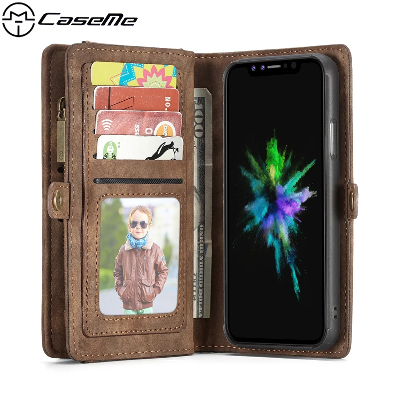 

CaseMe Phone Bags Case For Apple iPhone XS X 10 Retro PU Leather Cases for iPhone X Zipper Wallet Card Magnetic TPU Back Cover