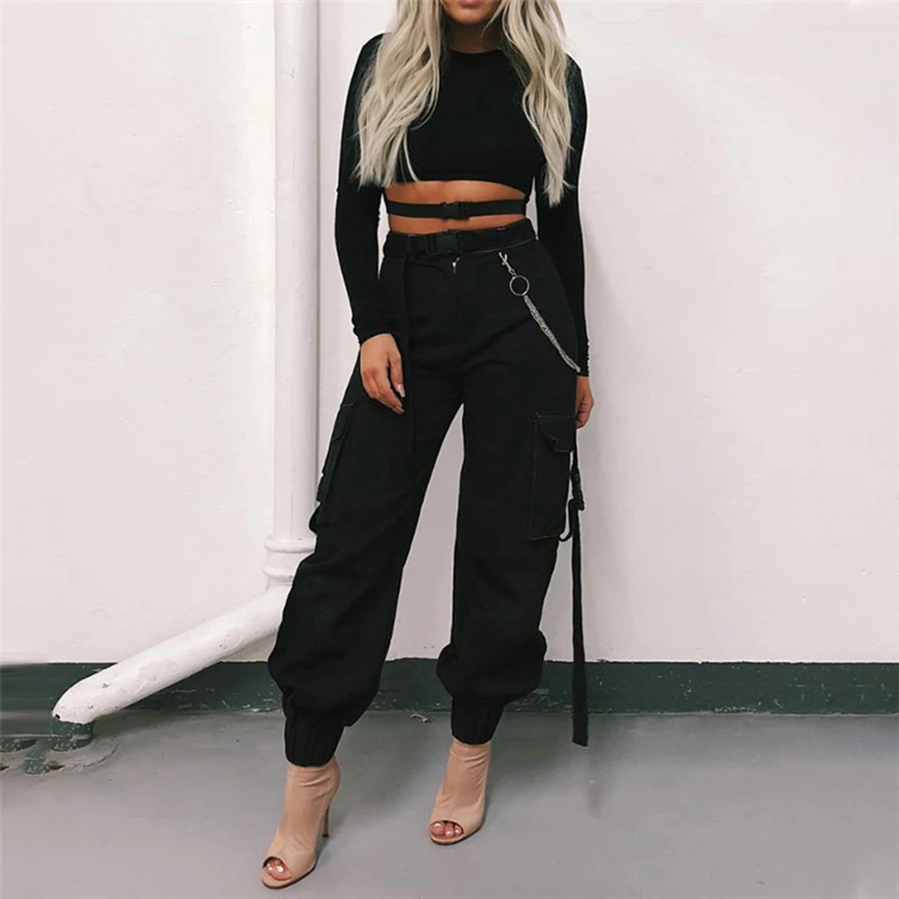 

Streetwear Cargo Pants Women Casual Joggers Black High Waist Loose Female Trousers Korean Style Ladies Pants Capri Pockets Zip