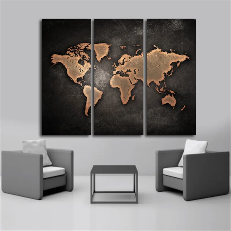 

New 3 Pcs Vintage Black World Map Print on Canvas Abstract World Map Canvas Oil Painting Office Living Room Wall Decor Picture