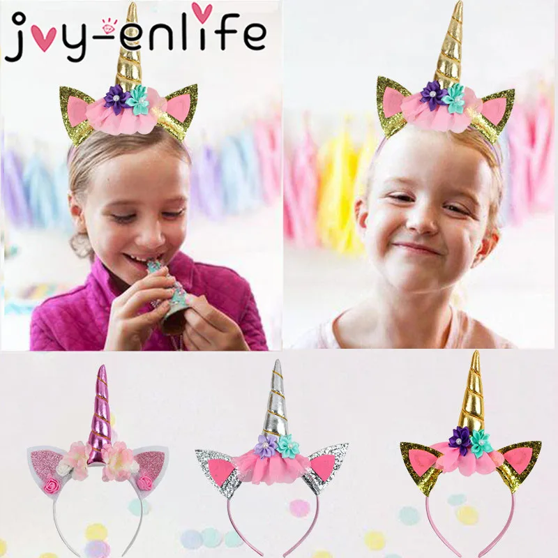 

Unicorn Horn Headband With Flower Cat Ears Girl Birthday Party Decor Rainbow Headware Baby Shower Unicorn Party Hair Accessories