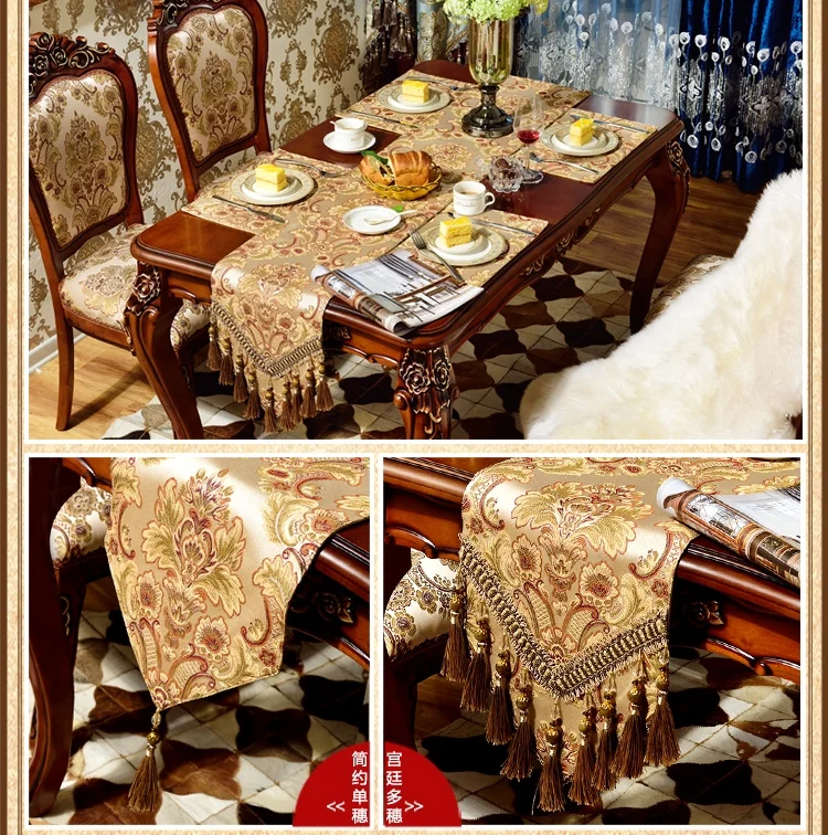 Модный удивительный имитированный шелк ткань золотой жаккард Сельский стол бегун кружева Роскошный настольный флаг и тарелка