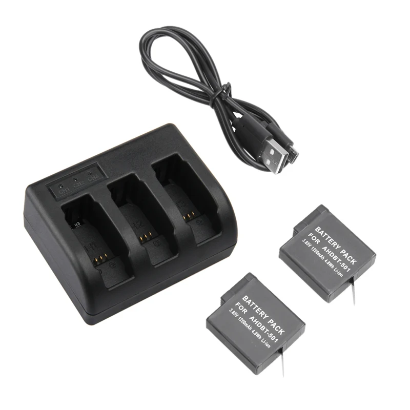 2PCS 1220mAh Li ion Battery 3 Slot USB Charger AHDBT 501 for GoPro Hero 5