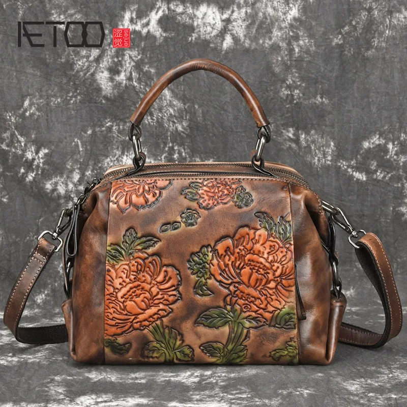 

AETOO New leather oblique carry female Baotou layer cowhide casual handbag single shoulder oblique cross retro postman bag