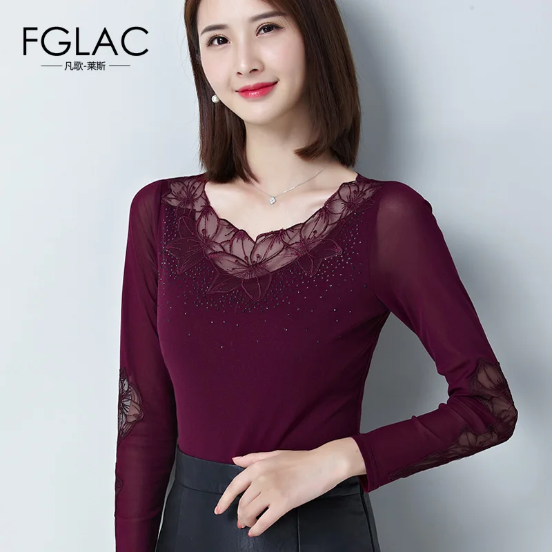 FGLAC New Arrivals 2018 Autumn blouse Fashion long sleeve Mesh tops Elegant Slim Hollow out plus size women |