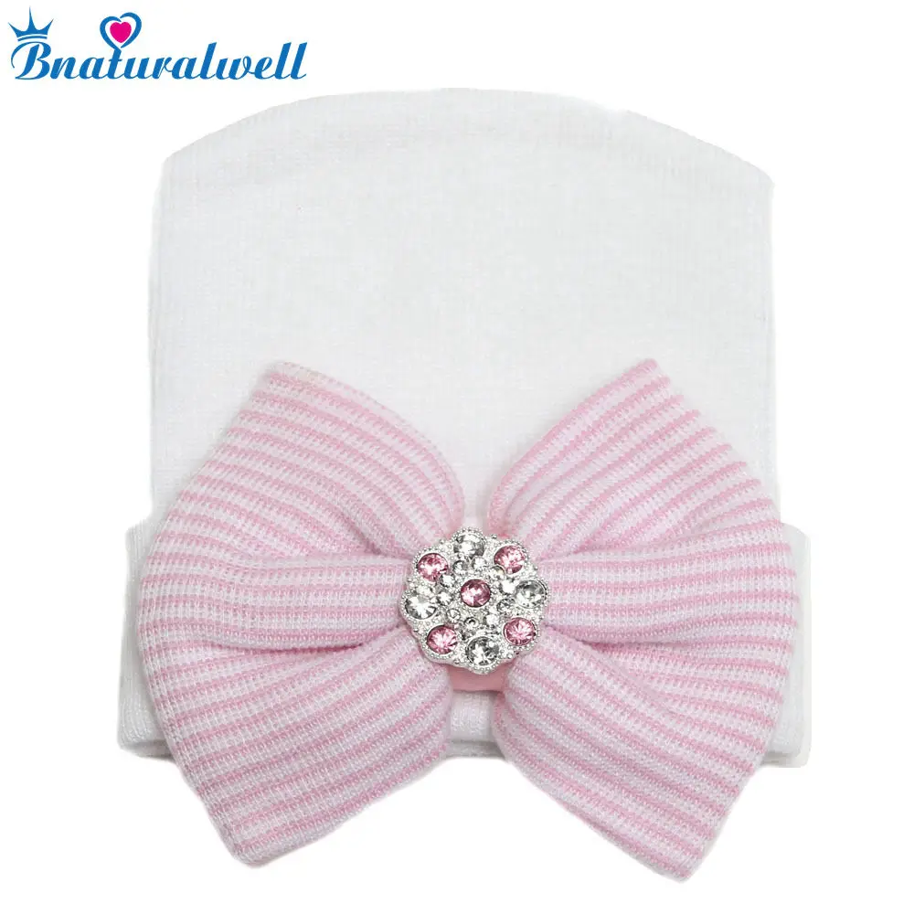 Bnaturalwell Newborn Hospital Hat Cute Rhinestones Big Bowknot Cap Baby